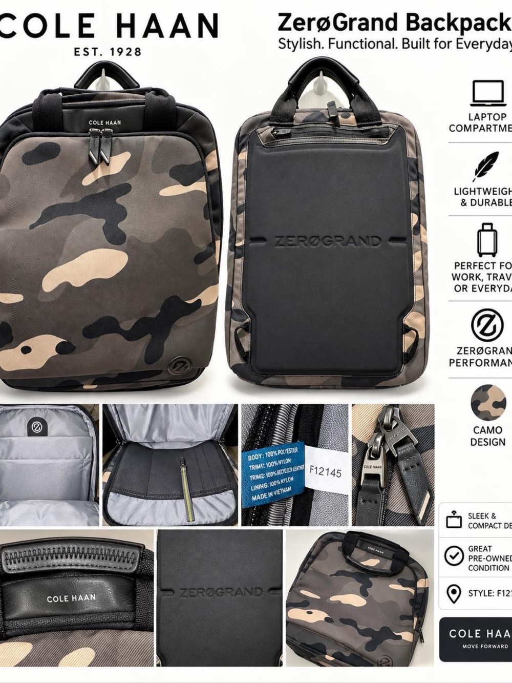 Cole Haan ZERØGRAND 2-in-1 Backpack Woodland Camo Messenger Briefcase F12145